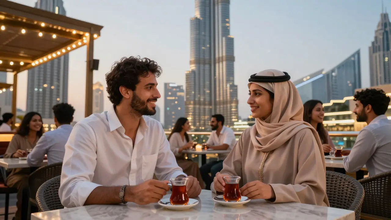 A tourist shares tea with a local woman on a Dubai rooftop bar, surrounded by friendly expats at dusk.