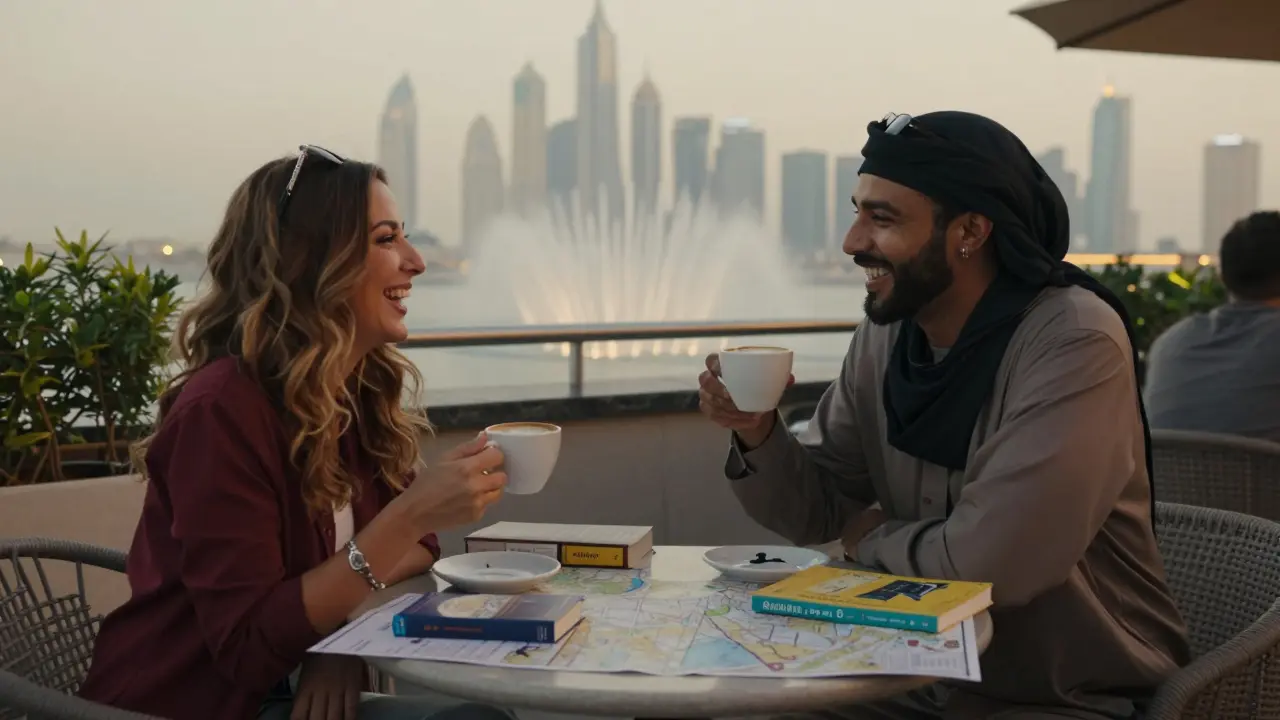 A traveler and a local woman share coffee at a rooftop café in Dubai, laughing together with the city skyline behind them.