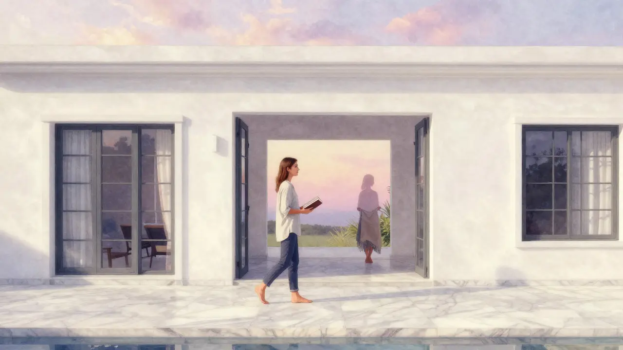 A traveler walking on a villa terrace at sunrise, facing an open door where a companion&#039;s silhouette is seen.