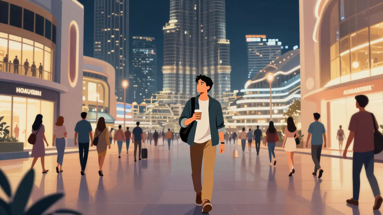 A traveler walking through Dubai Mall at night, surrounded by lights and people, seeking genuine connection.