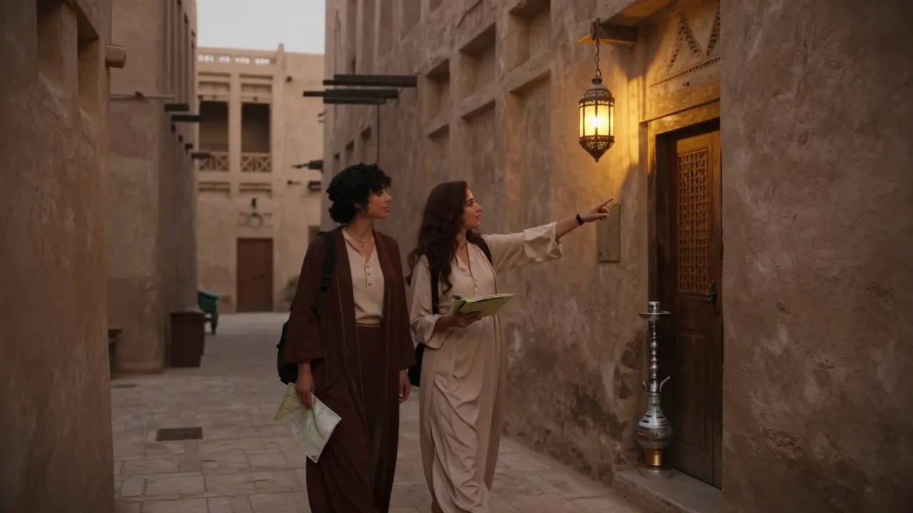 A woman and traveler exploring Al Fahidi's historic streets, lanterns casting soft light.