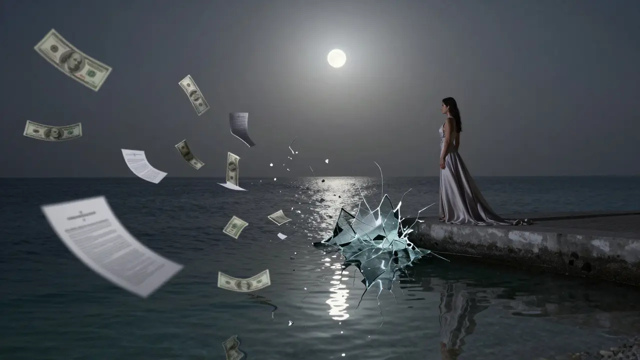 A woman on a Dubai pier, her reflection showing legal documents and cash under moonlight.