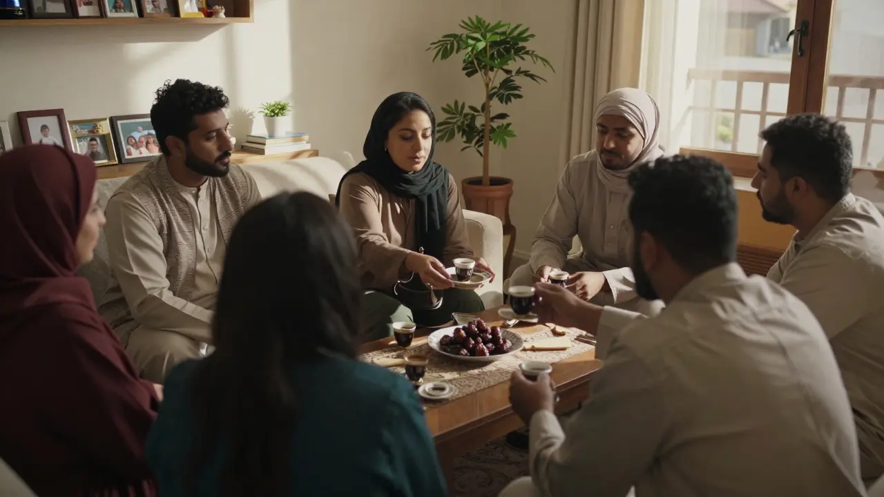 A woman serving Arabic coffee and dates to guests in a modest, warmly lit home.