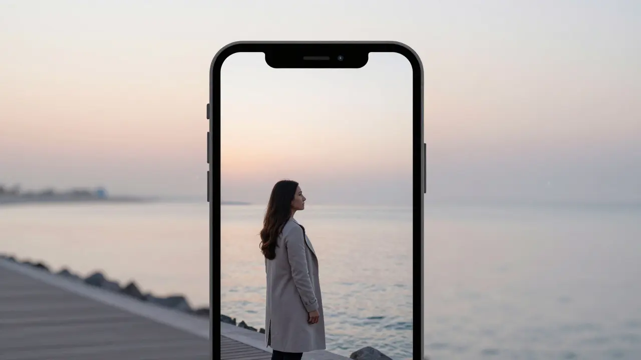 A woman standing alone on a Dubai waterfront at sunrise, symbolizing privacy and independence.