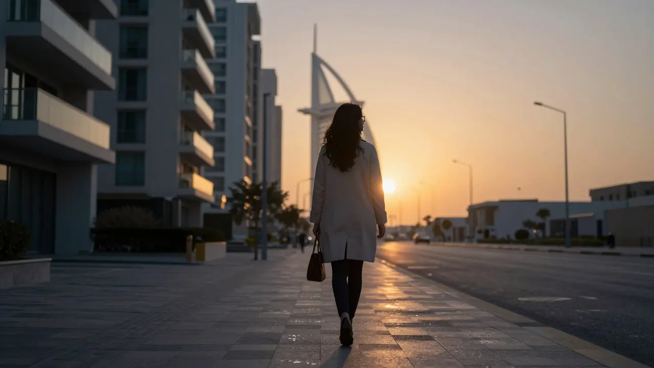 A woman walking away from an apartment building in Dubai at dawn, silhouette against the sunrise.