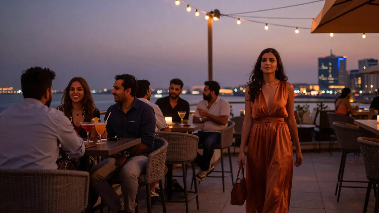 A woman walks away from a rooftop party in Dubai Marina at dusk, calm and solitary.