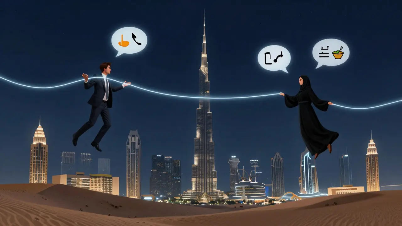 Abstract representation of human connection in Dubai, with glowing threads linking figures above the skyline.