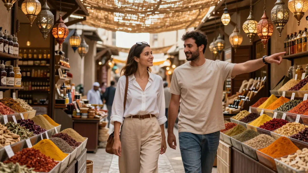 An escort guides a tourist through a colorful local market in Dubai, sharing cultural insights.