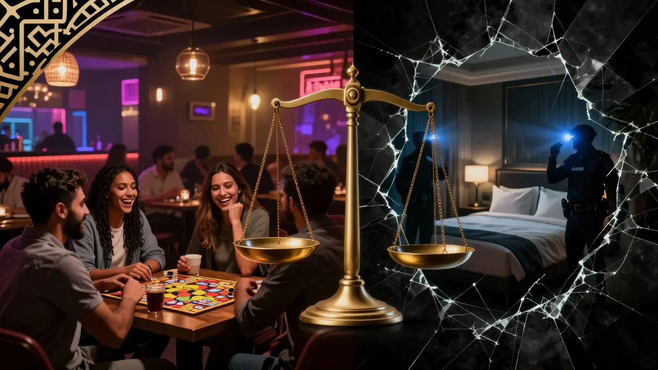 Contrasting scenes: lively social gathering vs. shadowy illegal encounters in Dubai nightlife.