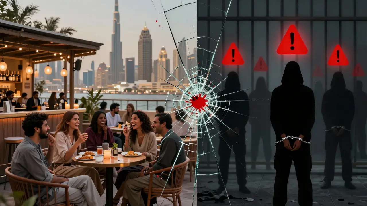 Cracked glass separating vibrant Dubai social life from dark symbols of arrest and scams.