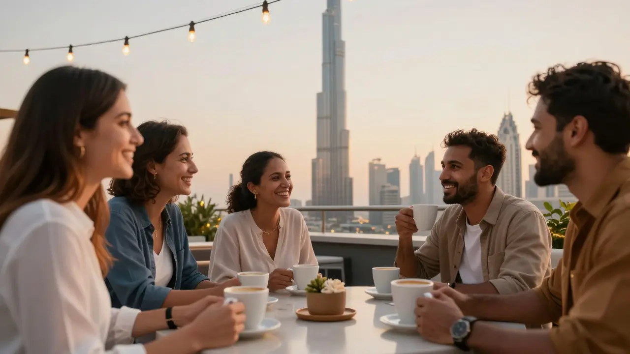 Diverse group of expats laughing at a Dubai rooftop café at sunset, Burj Khalifa in background, enjoying safe social connection.