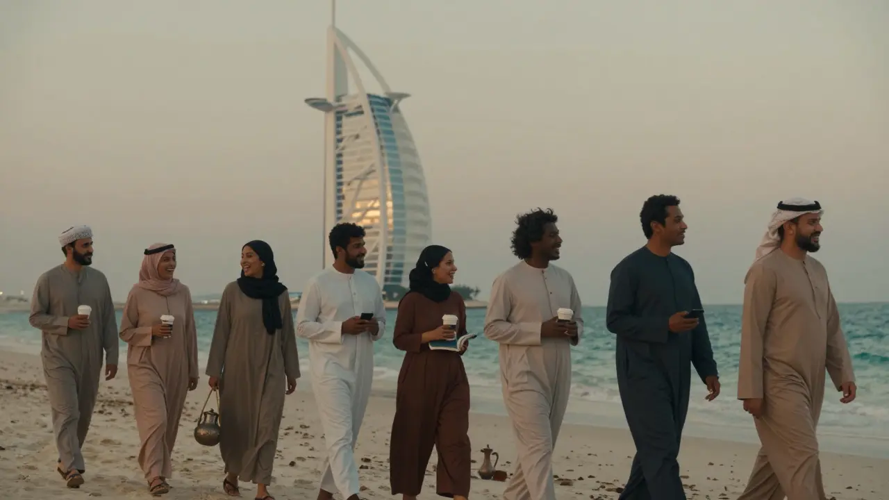Diverse group walking along Jumeirah Beach at dusk, talking and laughing under the glow of the Burj Al Arab.