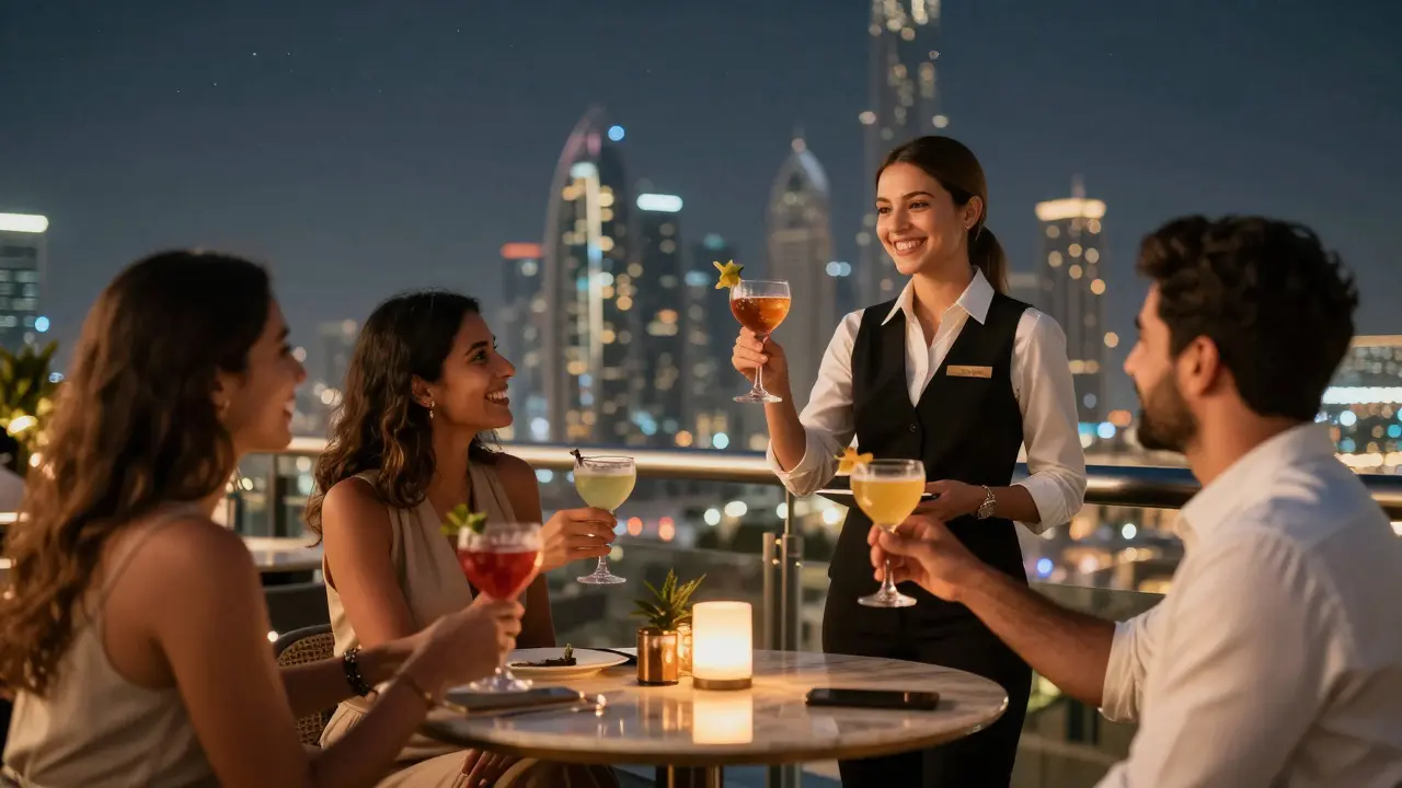 Elegant rooftop bar in Dubai with expats socializing, professional hostess offering polite conversation.