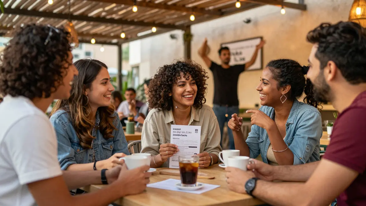 Expats socializing at a Dubai café, enjoying coffee and conversation under warm string lights.