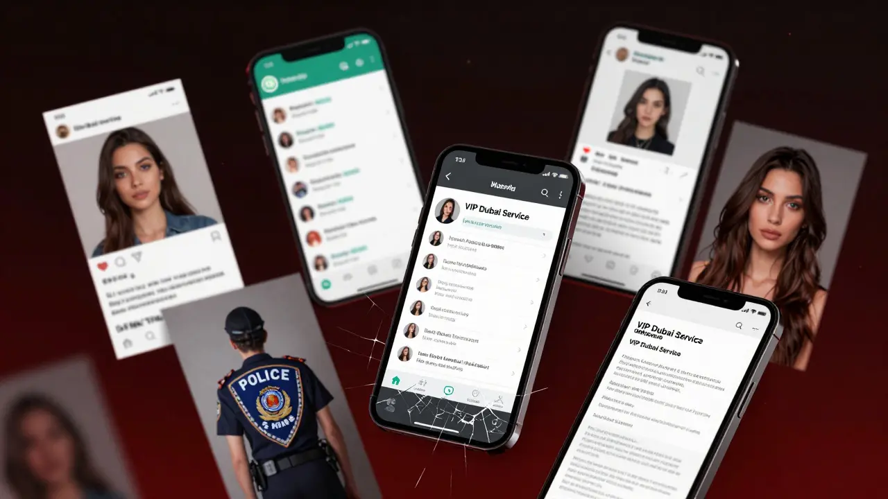 Fake escort profiles and payment scams floating in darkness with a cracked phone reflecting a police badge.