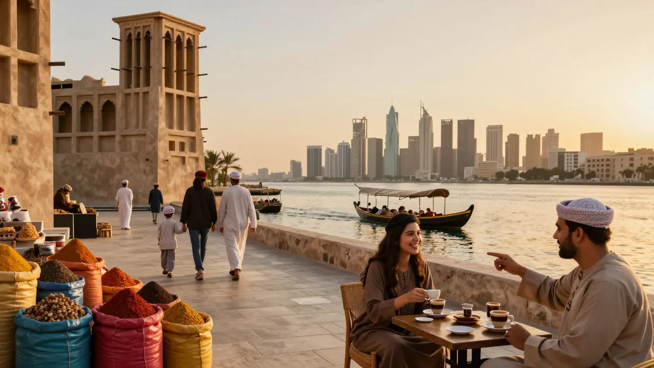 Golden hour scene in Al Fahidi Historic Neighborhood with families, spice vendors, and an abra on the creek.