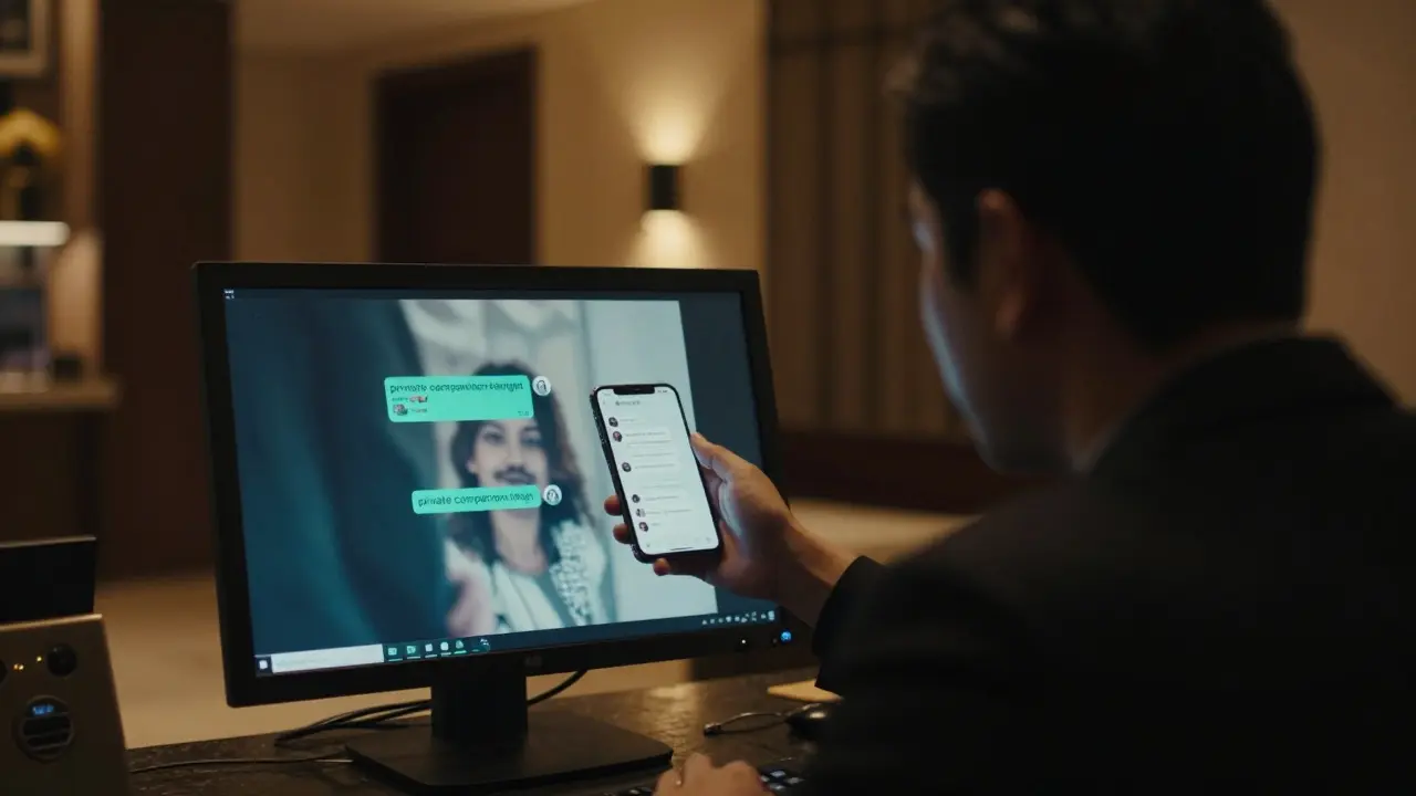 Hotel lobby with staff monitoring a guest via security screen, blurred phone showing escort message.