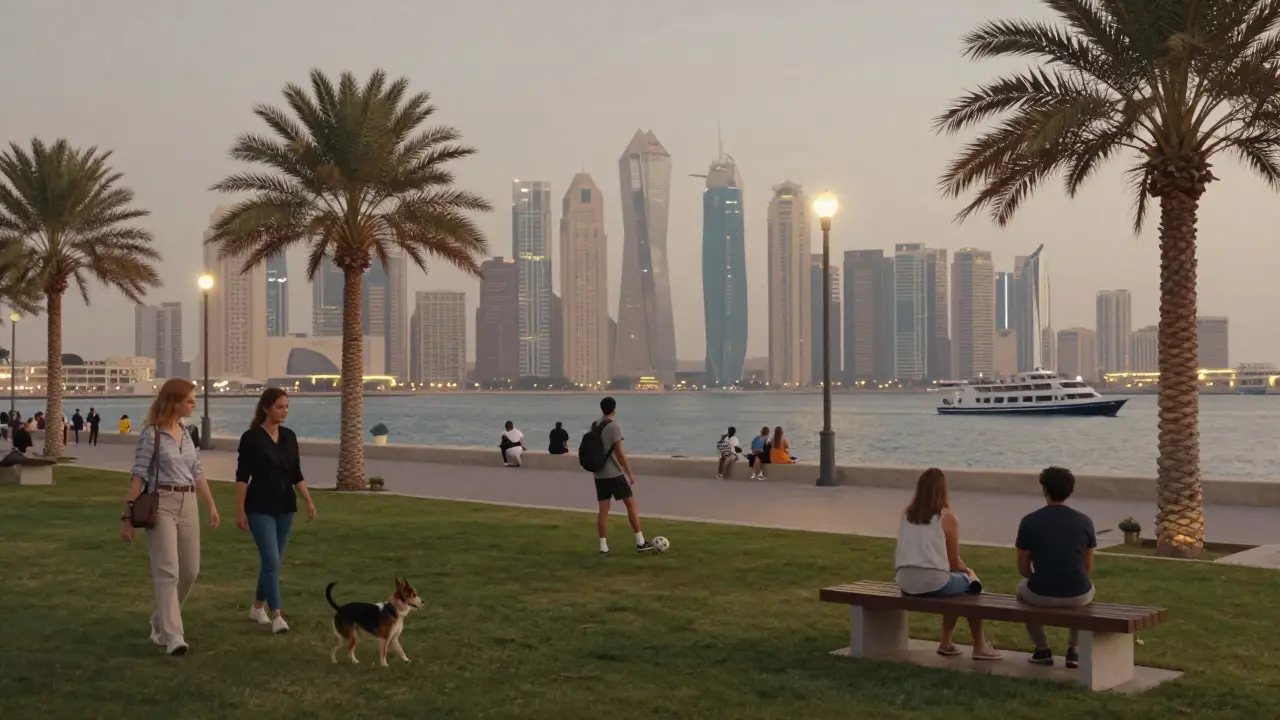 People enjoying a calm evening at Al Barsha Waterfront — walking, playing, and sitting together as boats pass by.