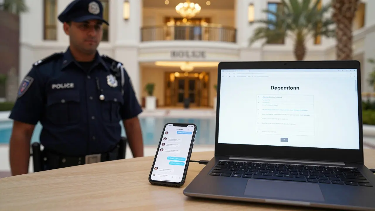 Police seize a phone and laptop displaying chat logs and payment records in a Dubai investigation.