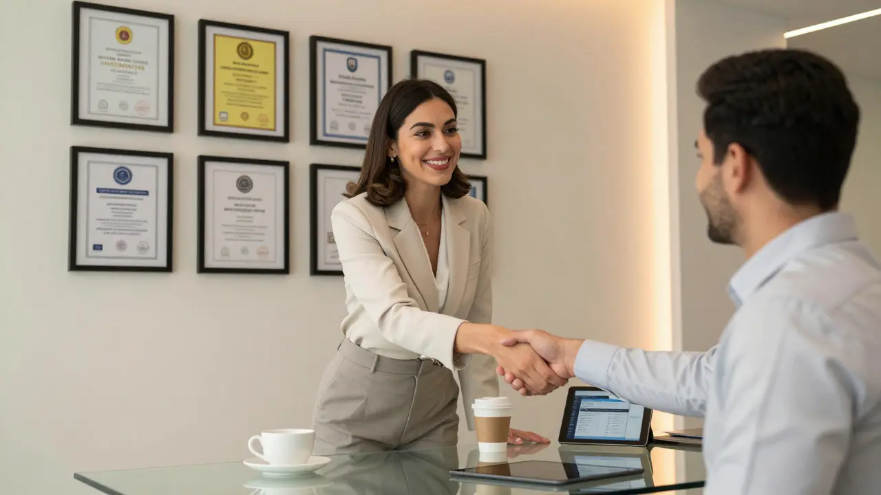 Professional companion and client shaking hands in a licensed Dubai agency office.