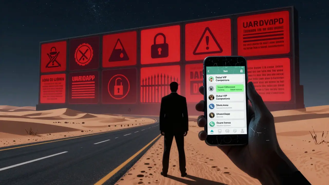 Shadowy figure in desert holding cracked phone with fake WhatsApp group names, behind them warning symbols of arrest and deportation.