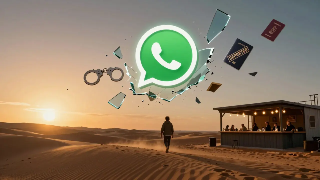 Shattered WhatsApp icon above desert dunes with hidden legal consequences and a safe alternative in distance.
