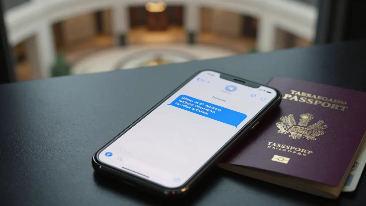 Smartphone showing encrypted chat about a dinner meeting, beside passport and cash on a hotel desk.