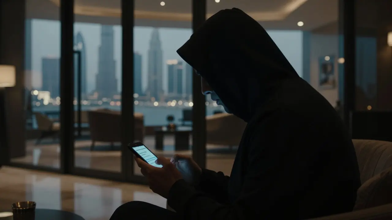 Someone in a hotel lobby sending private messages about escort services, dim lighting, implied danger.