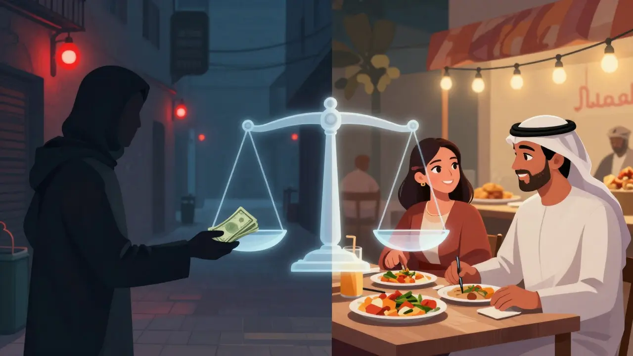Split illustration: risky illegal encounter on left, safe cultural experience on right, symbolizing choice in Dubai.