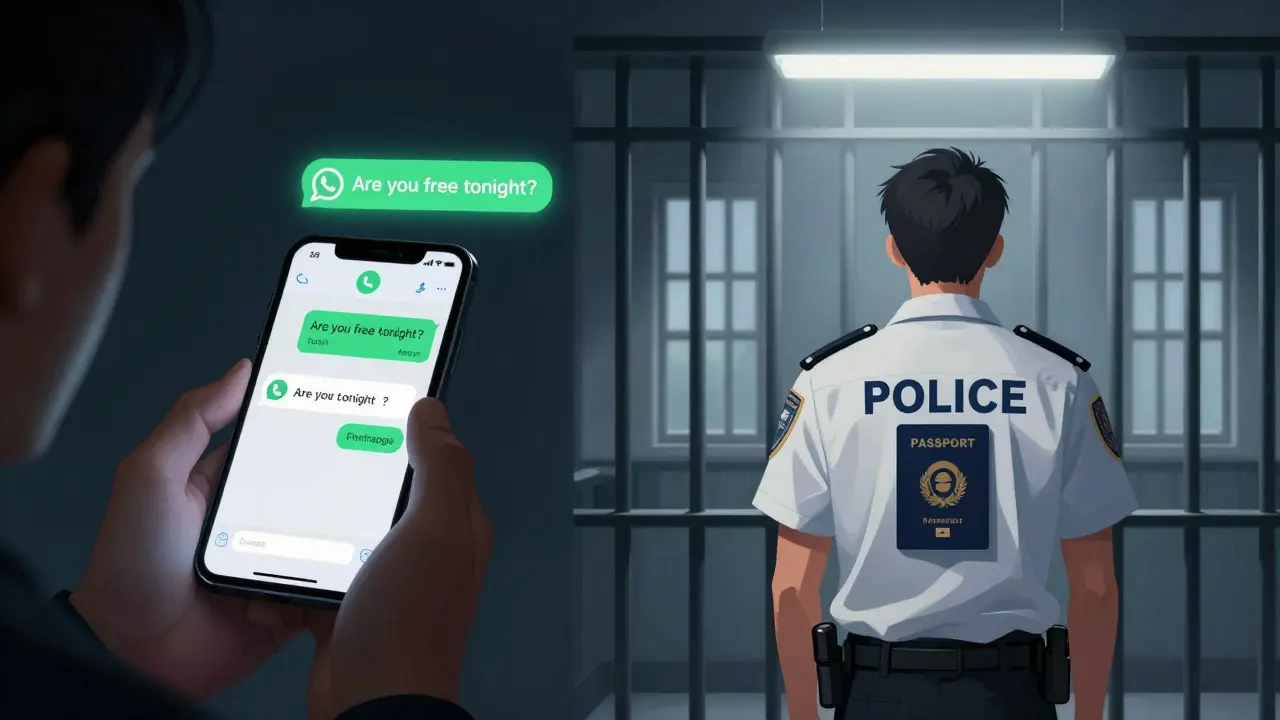 Split image showing a tourist on a phone being arrested in a Dubai police cell.