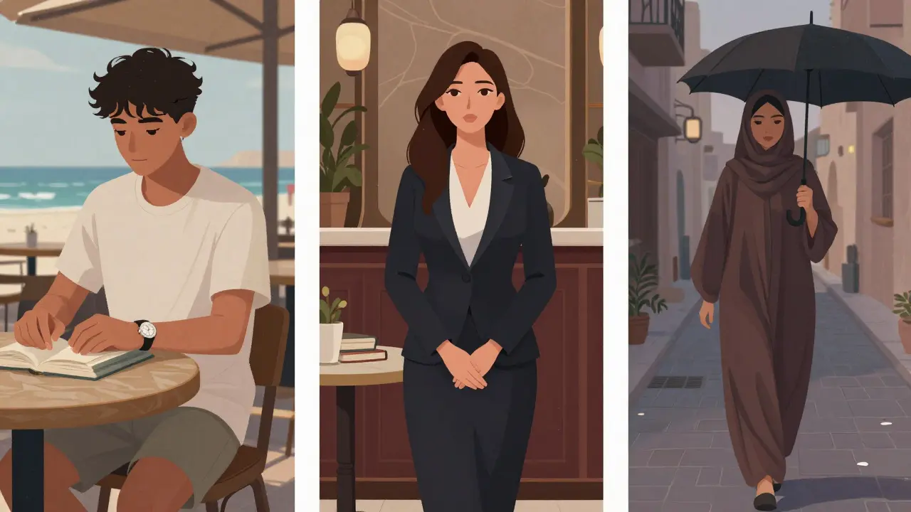 Three different types of companions in Dubai: a student, a professional, and a local woman, each in their setting, portrayed with dignity and subtlety.