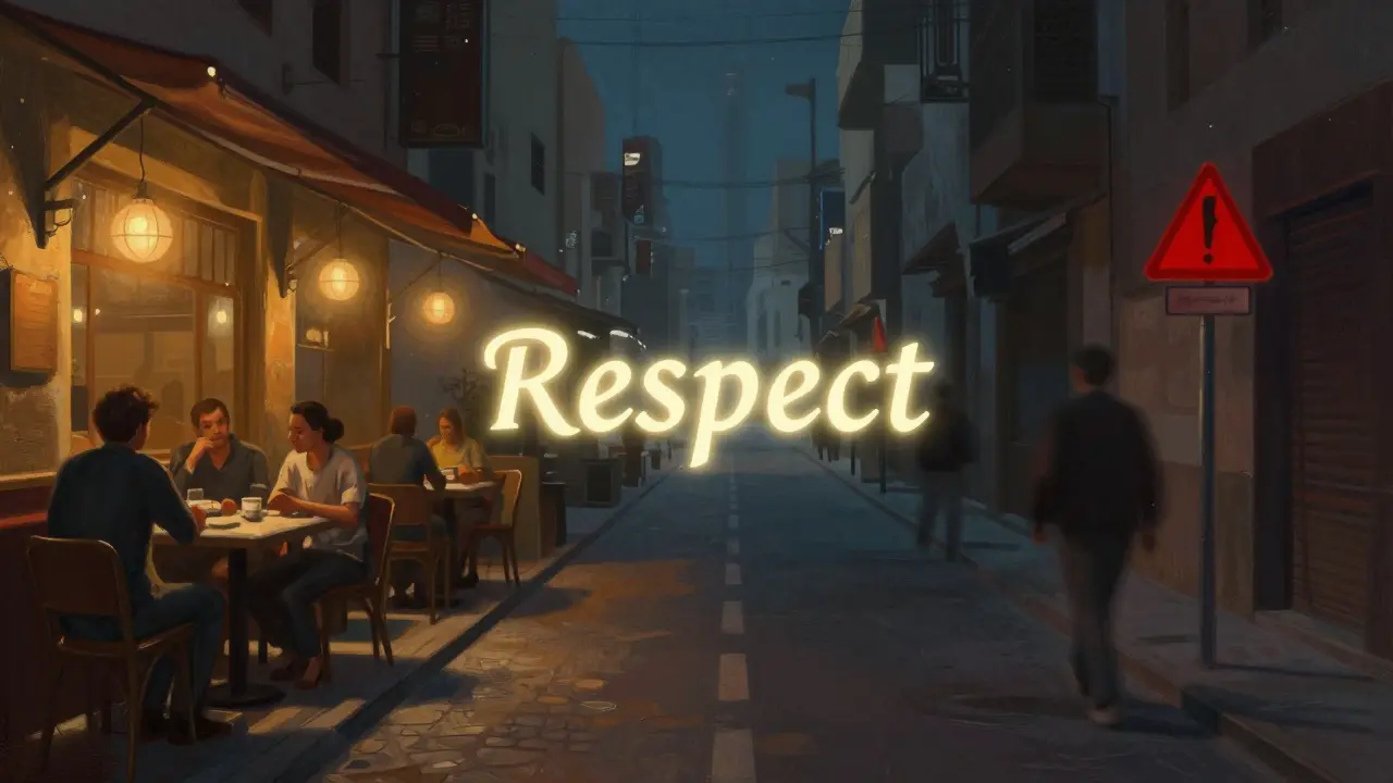 Two contrasting paths in Dubai—one warm and inviting, the other dark and dangerous—separated by a glowing word meaning 'Respect'.