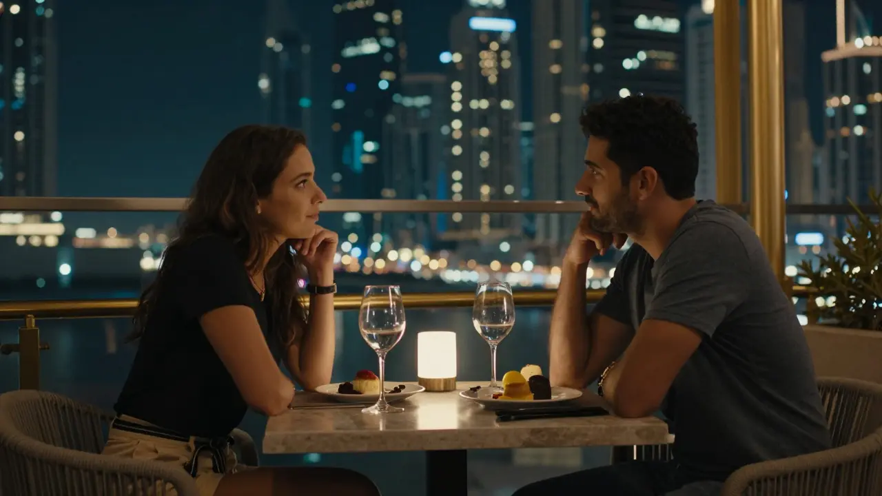 Two individuals having a thoughtful conversation at a rooftop bar in Dubai at night.