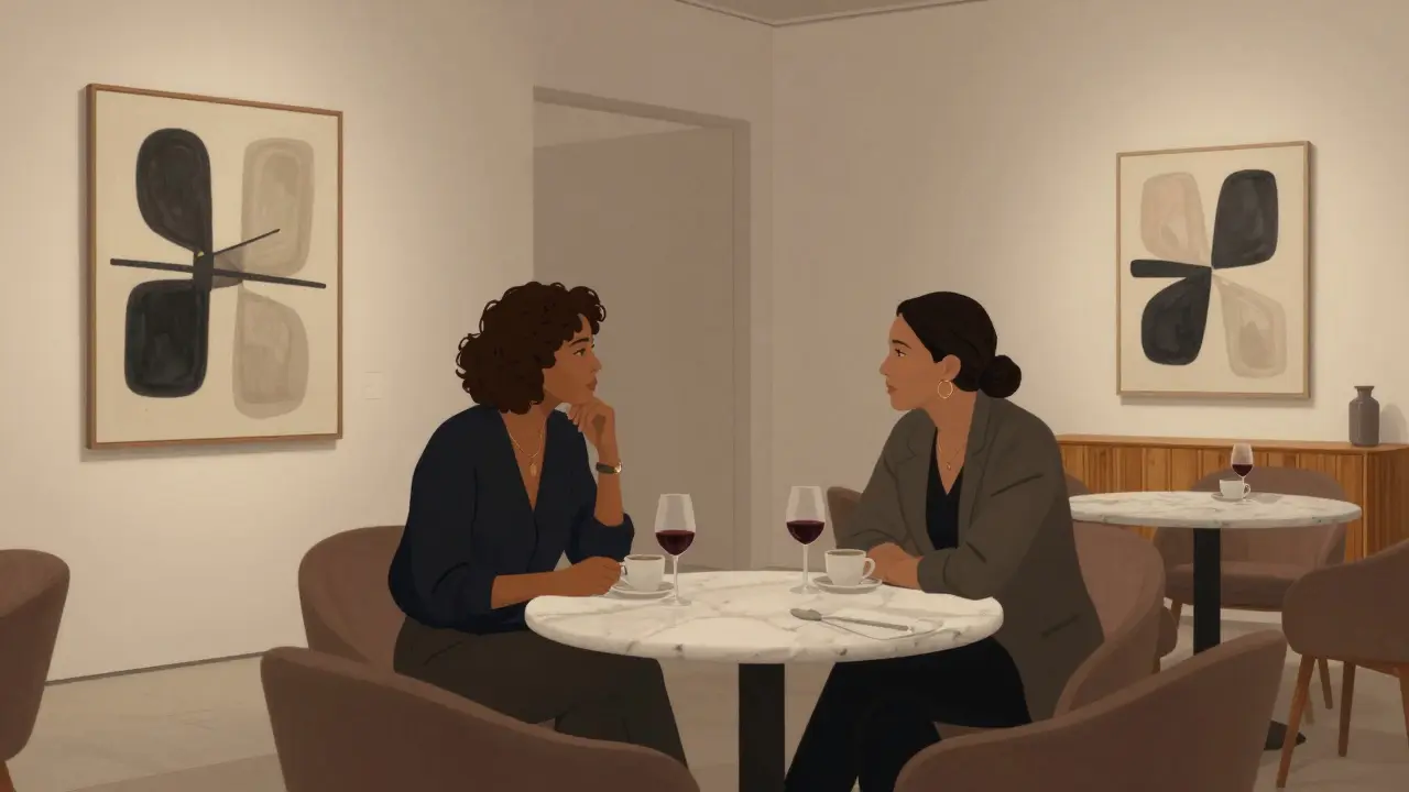 Two people converse thoughtfully in a modern art gallery lounge in Dubai, surrounded by abstract art and soft lighting.