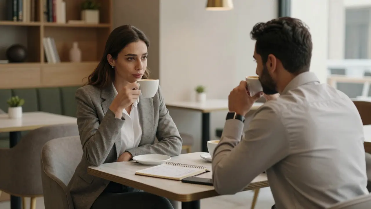 Two people share a quiet coffee in a modern Dubai café, engaging in thoughtful conversation with no devices visible.