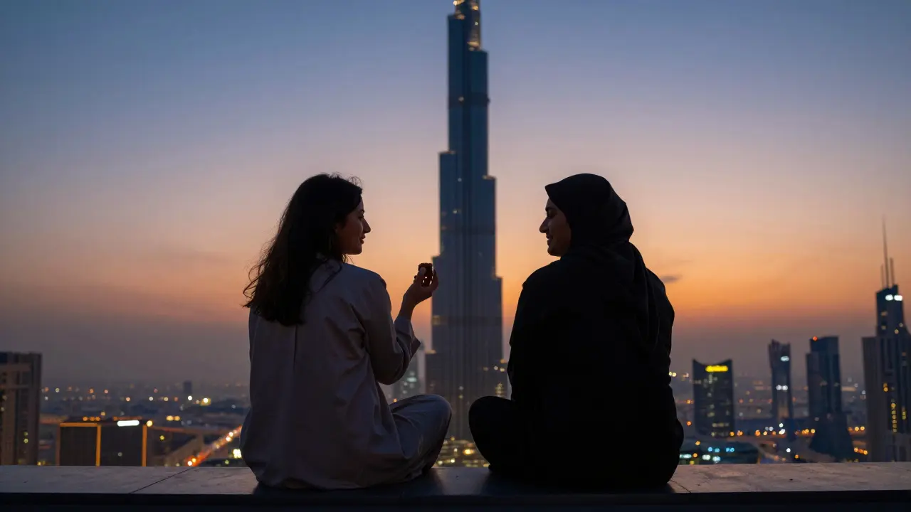 Two people silhouetted on Burj Khalifa's observation deck at sunset, sharing quiet moments.