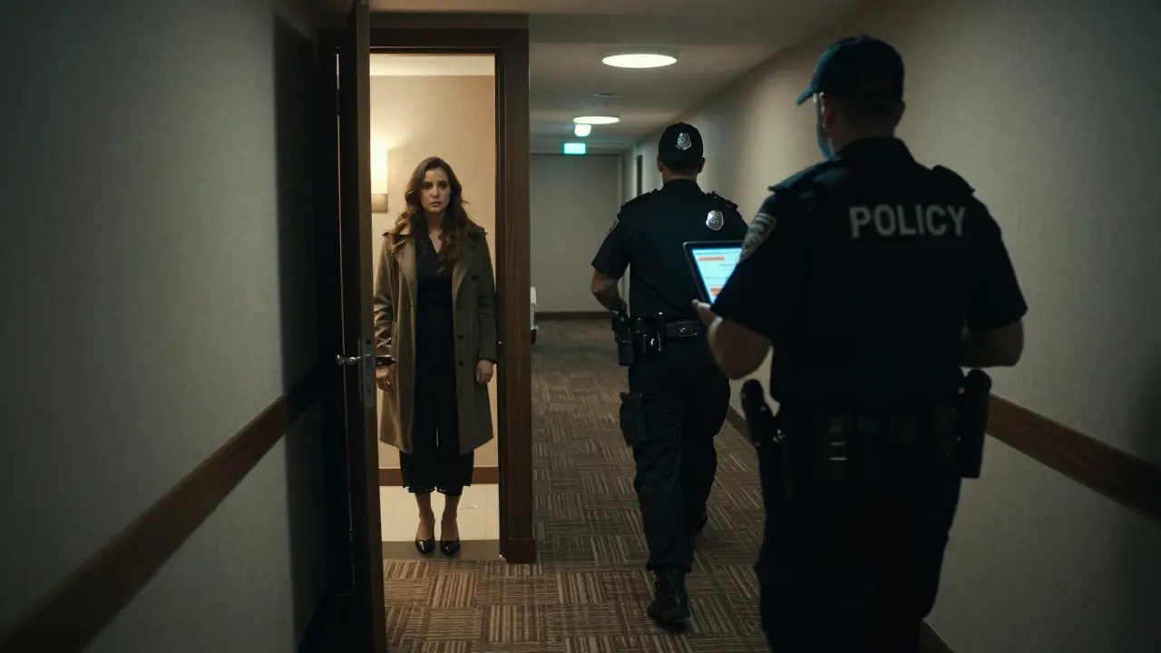Two police officers approach a nervous woman in a hotel hallway, one holding a tablet with a flagged online ad, dim lighting, tense atmosphere.