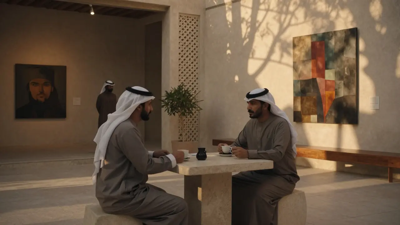 A businessman and companion sharing coffee in a hidden art courtyard in Alserkal Avenue.