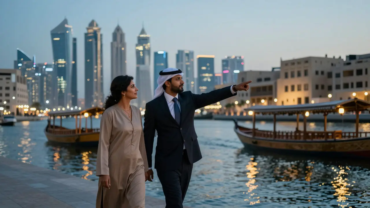 A client and escort walking along Dubai Creek at dusk, with traditional dhows and modern skyline in background.
