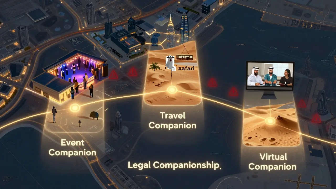 A conceptual map showing three types of legal companion services in Dubai.