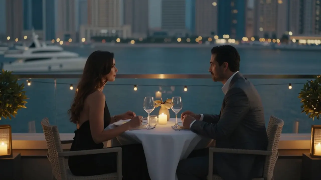 A couple enjoying a quiet candlelit dinner on a rooftop terrace overlooking Dubai Marina at night.