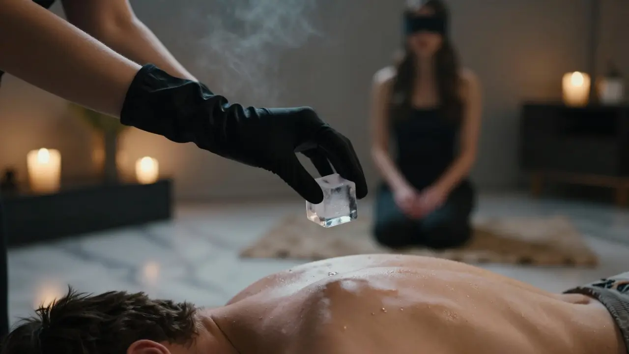 A gloved hand holds an ice cube above a kneeling person's shoulder in a softly lit private space.