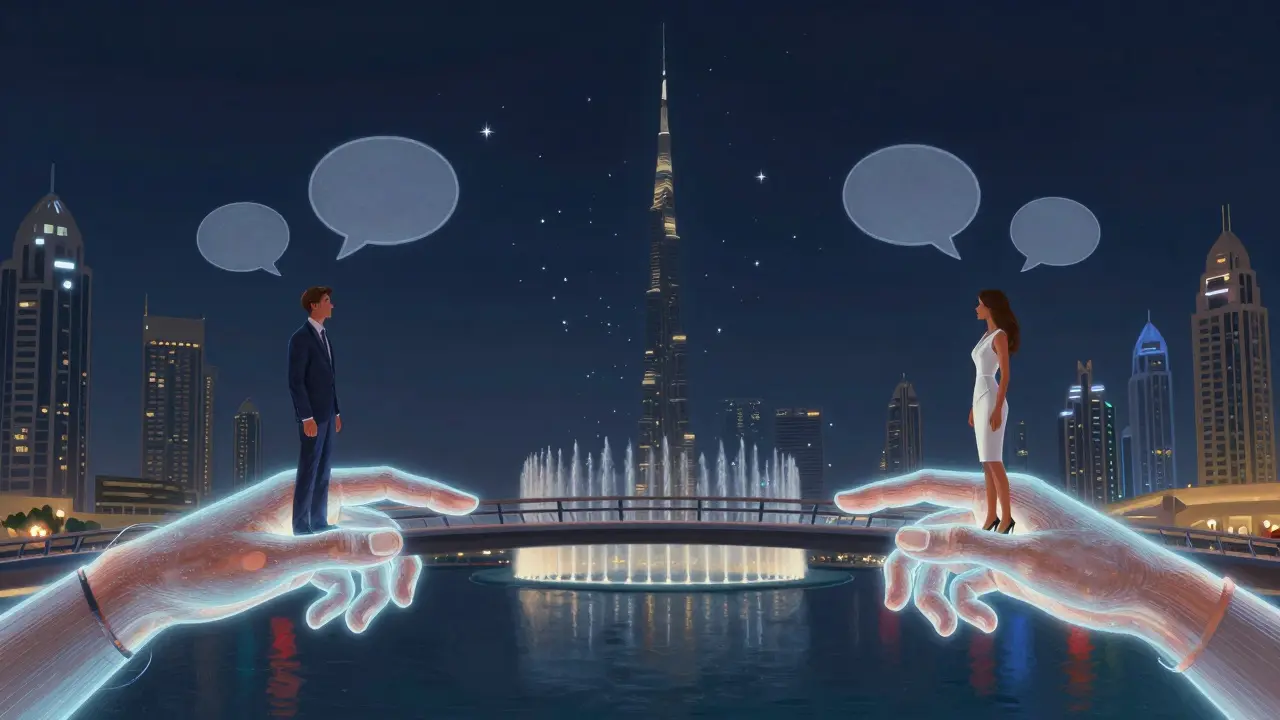 A glowing bridge of hands and conversation bubbles connects two figures above Dubai’s skyline, representing emotional connection and belonging.