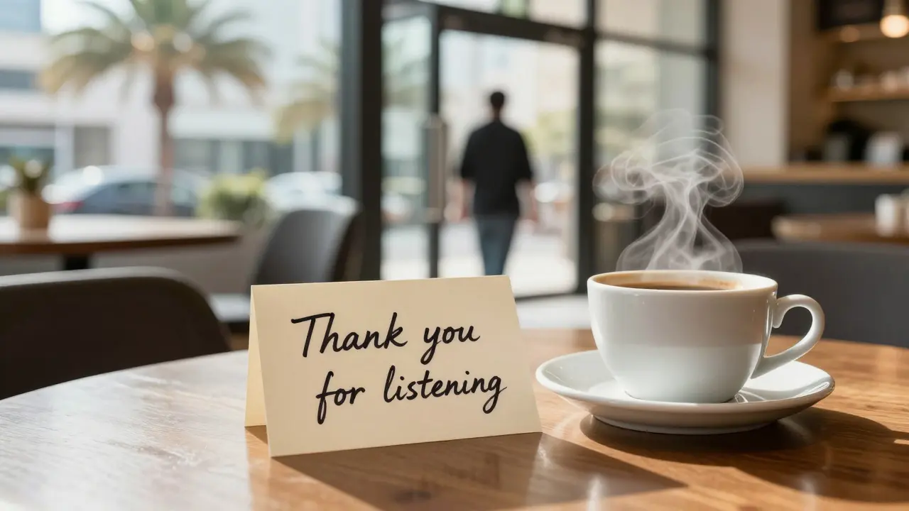 A handwritten thank-you note beside a coffee cup in a Dubai café, sunlight streaming through palm trees.
