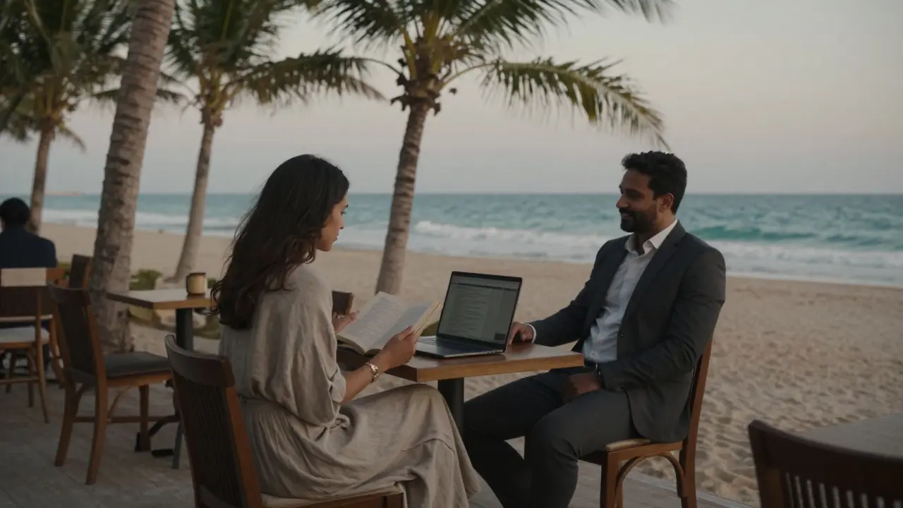 A man and woman enjoying a peaceful moment at a beachside café in Jumeirah at dusk.