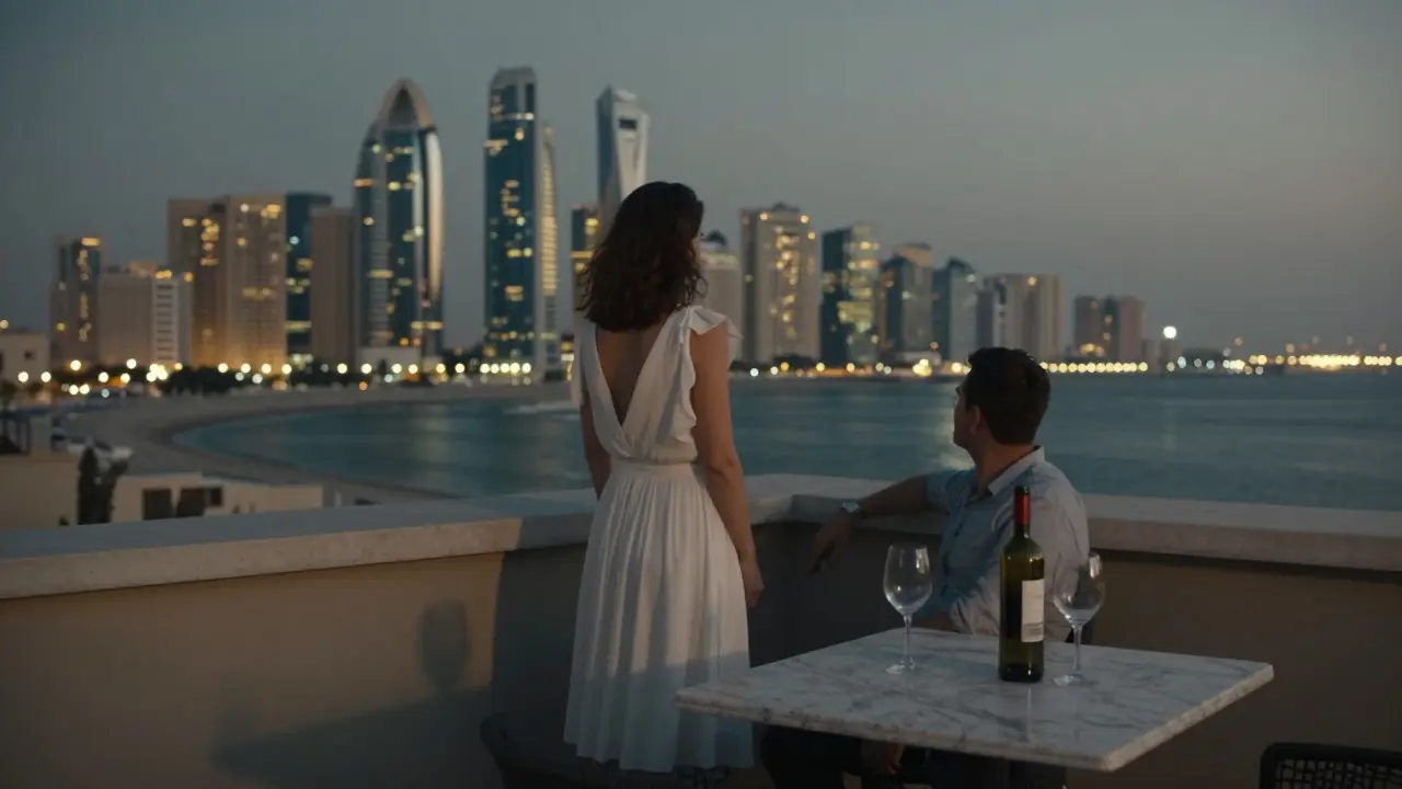 A man and woman on a rooftop terrace at night, sharing silent companionship with the Dubai skyline in the background.