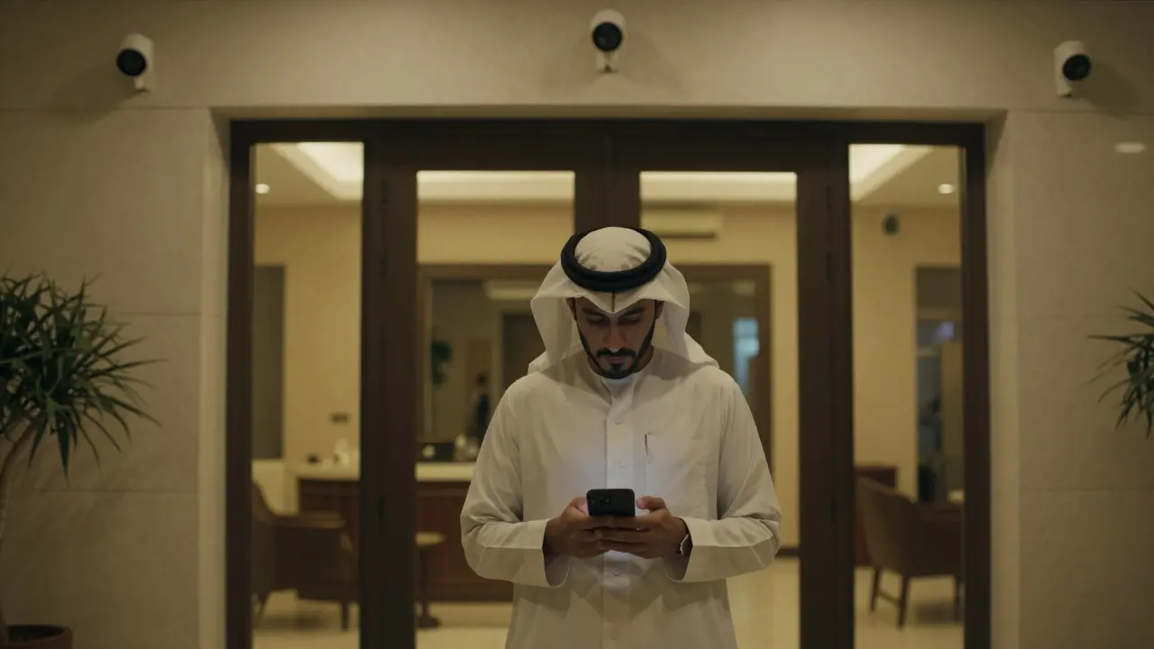 A man outside a Bur Dubai hotel lobby, glancing at his phone under surveillance cameras.