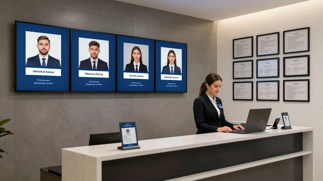 A professional escort agency office with digital profiles and ID verification in a modern Dubai business setting.