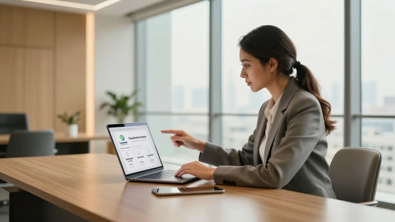 A professional woman reviewing verified companion profiles on a laptop in a bright Dubai office with natural light.