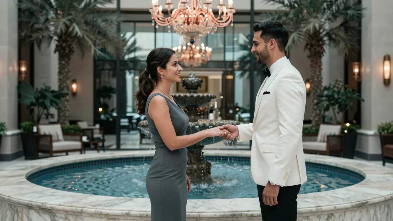A professionally dressed couple meeting in a luxurious Dubai hotel lobby, exuding quiet mutual respect.